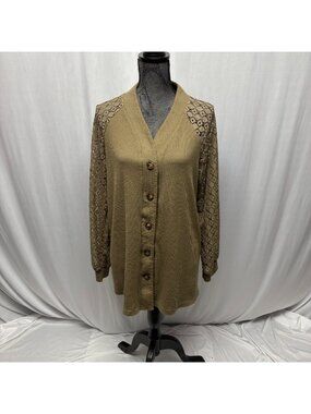 Khaki Waffle Knit Long Sleeve Cardigan Womens Sz Large Lace Sleeves Button-Down